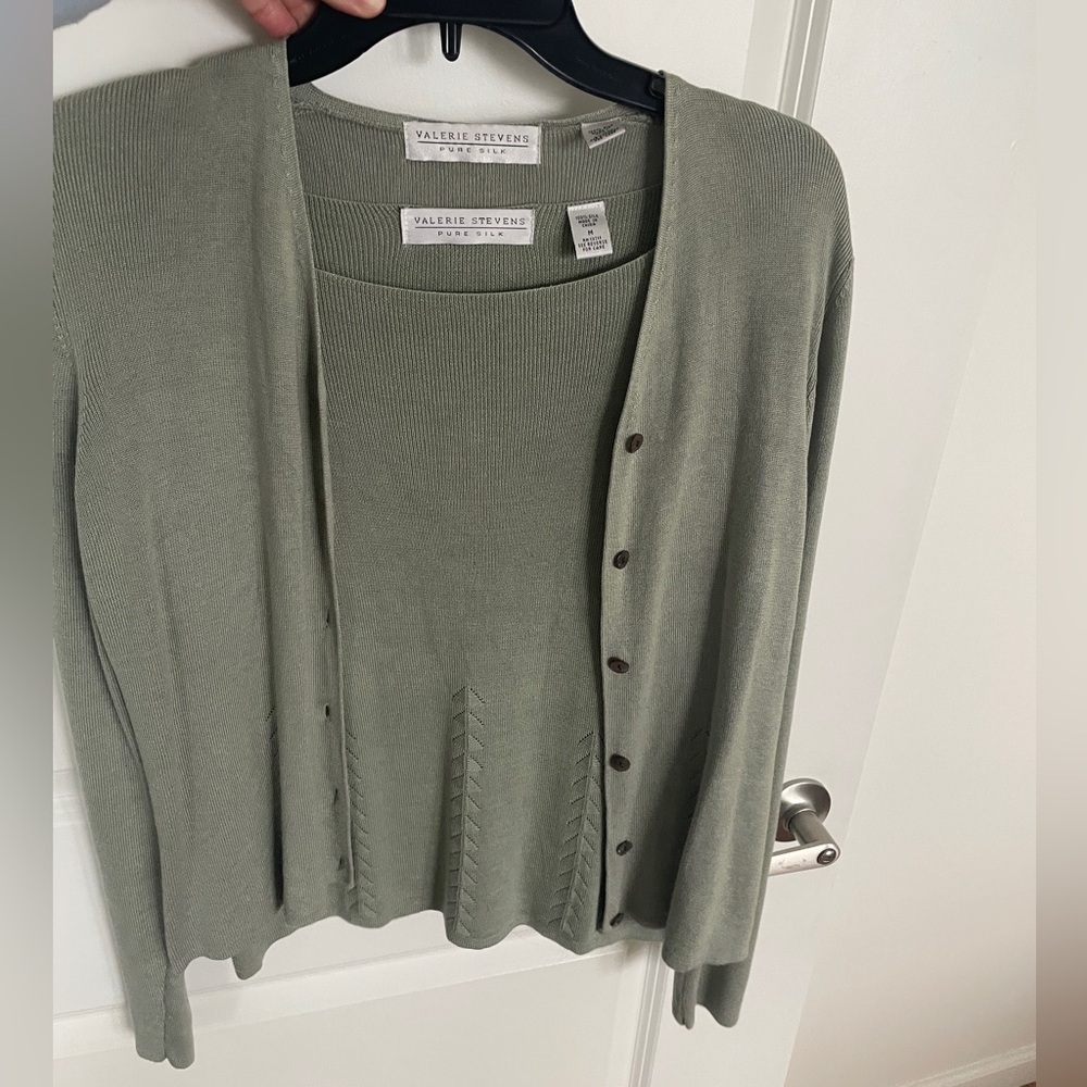 Vintage Valerie Stevens Pure Silk 100% Women's Sage Sweater Set